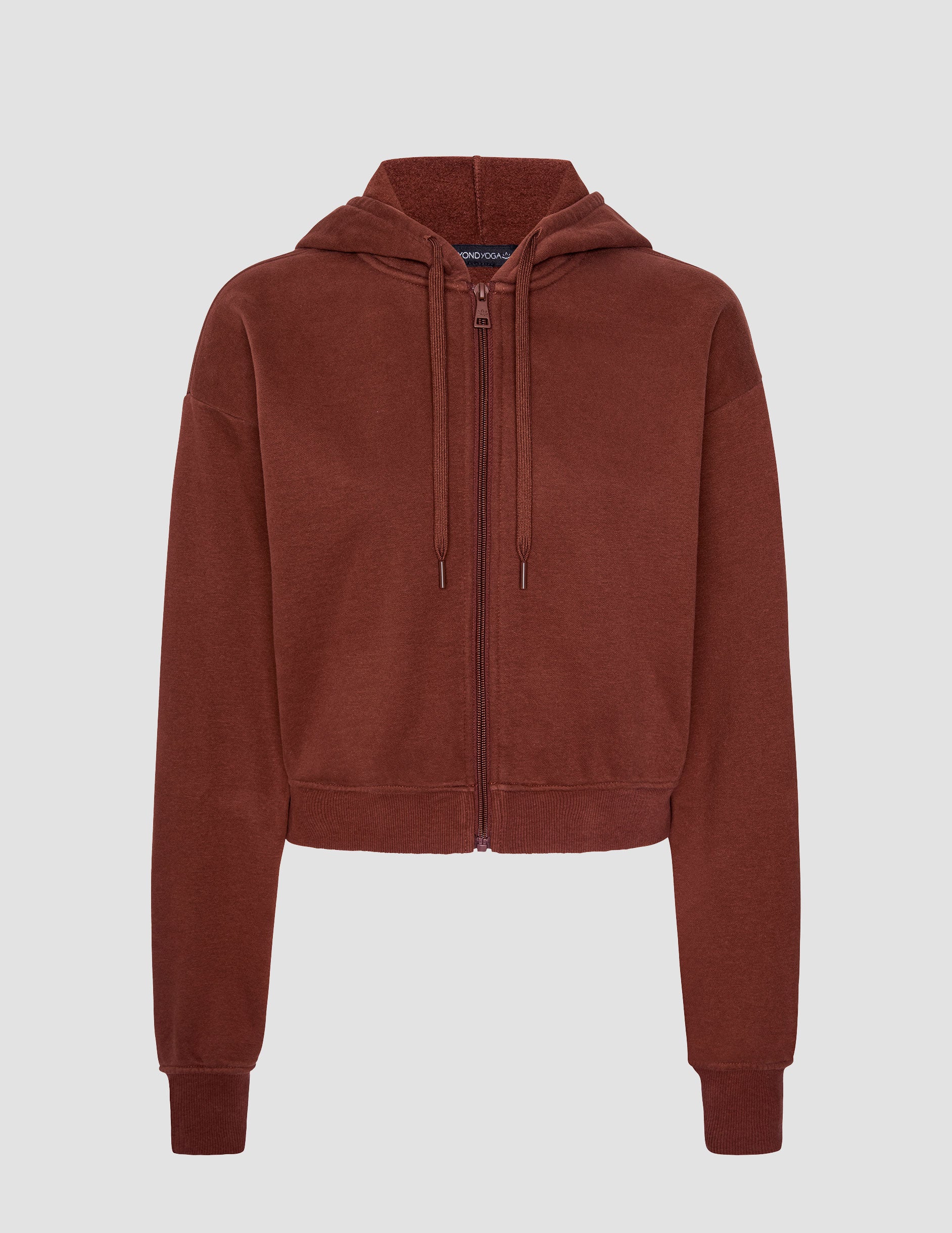 brown fleece zip-up jacket with a drawstring hood.