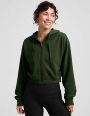 green fleece zip-up jacket with a drawstring hood.