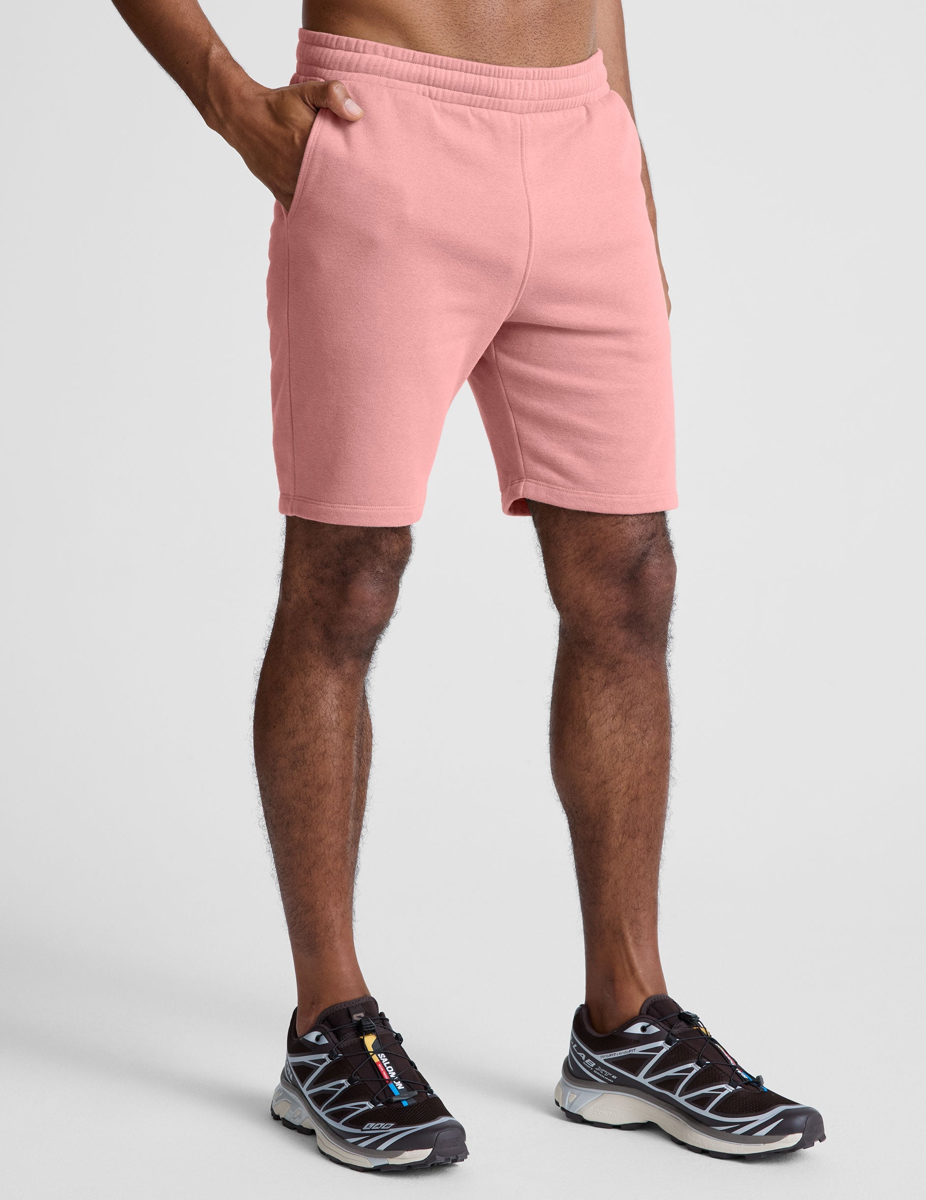 pink men's sweatshorts with pockets.