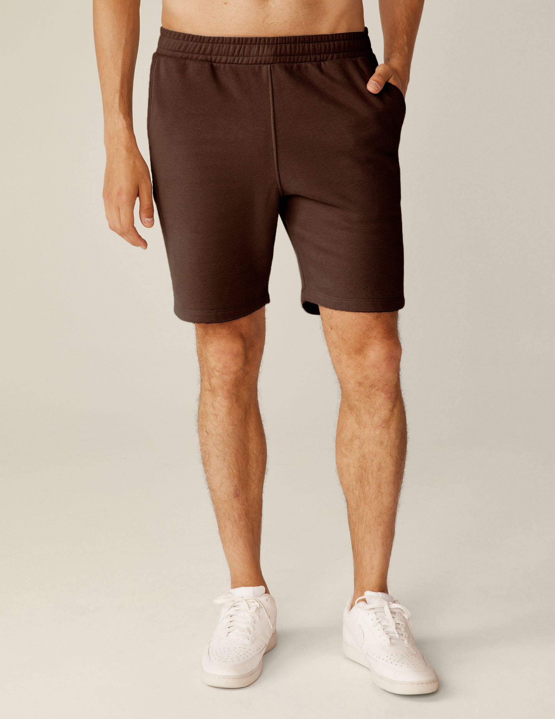 brown mens sweat shorts with pockets.