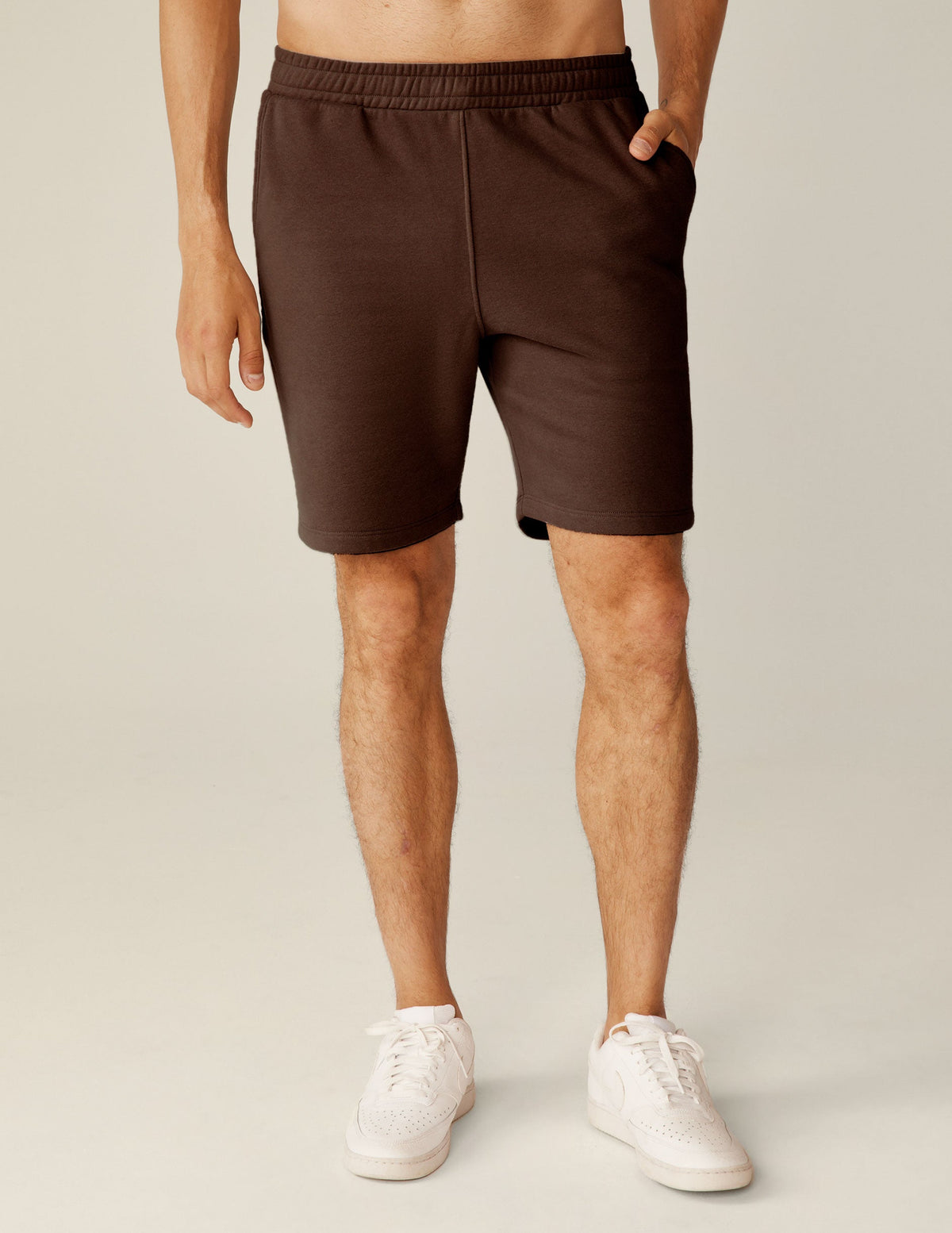 brown mens sweat shorts with pockets.