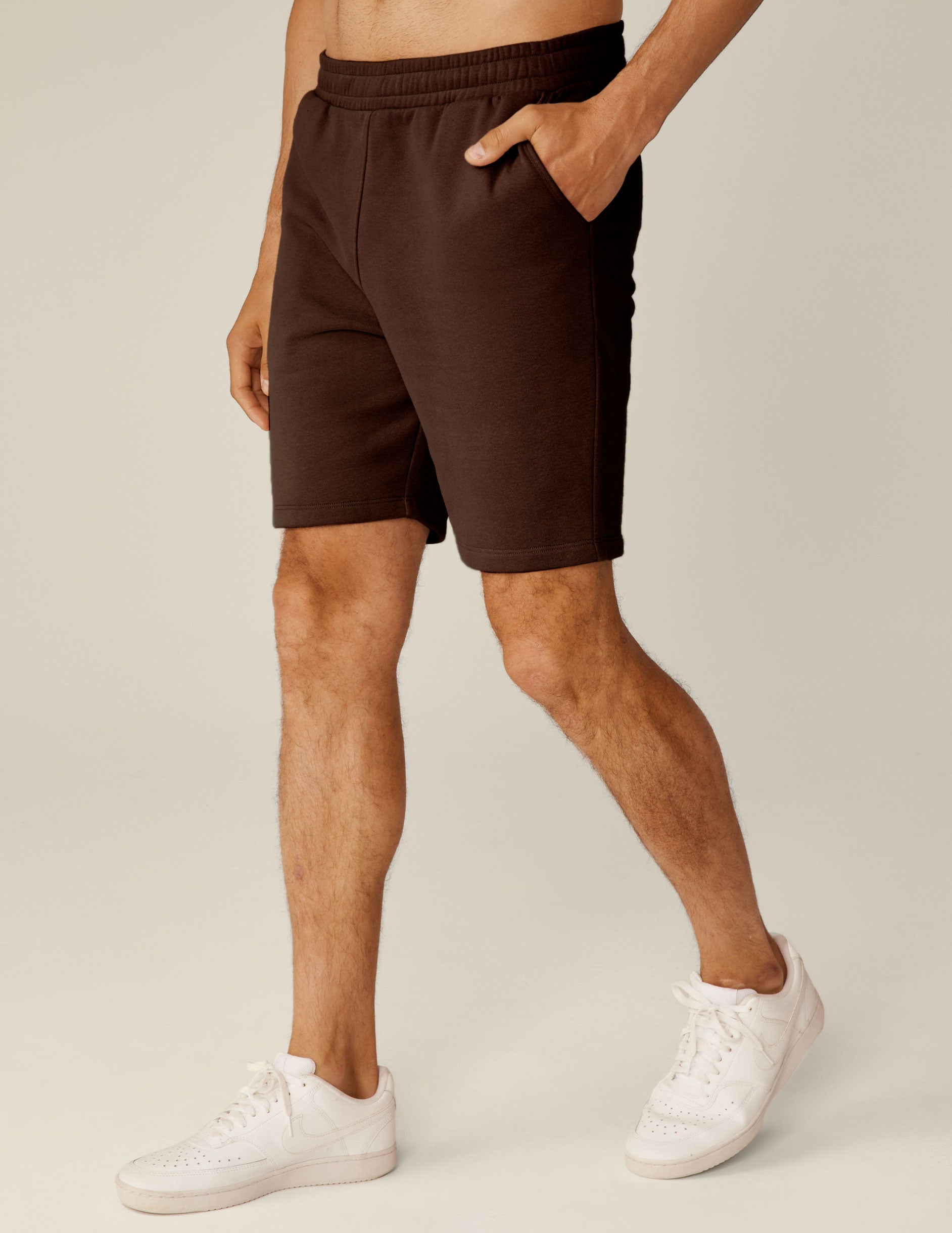 brown mens sweat shorts with pockets.