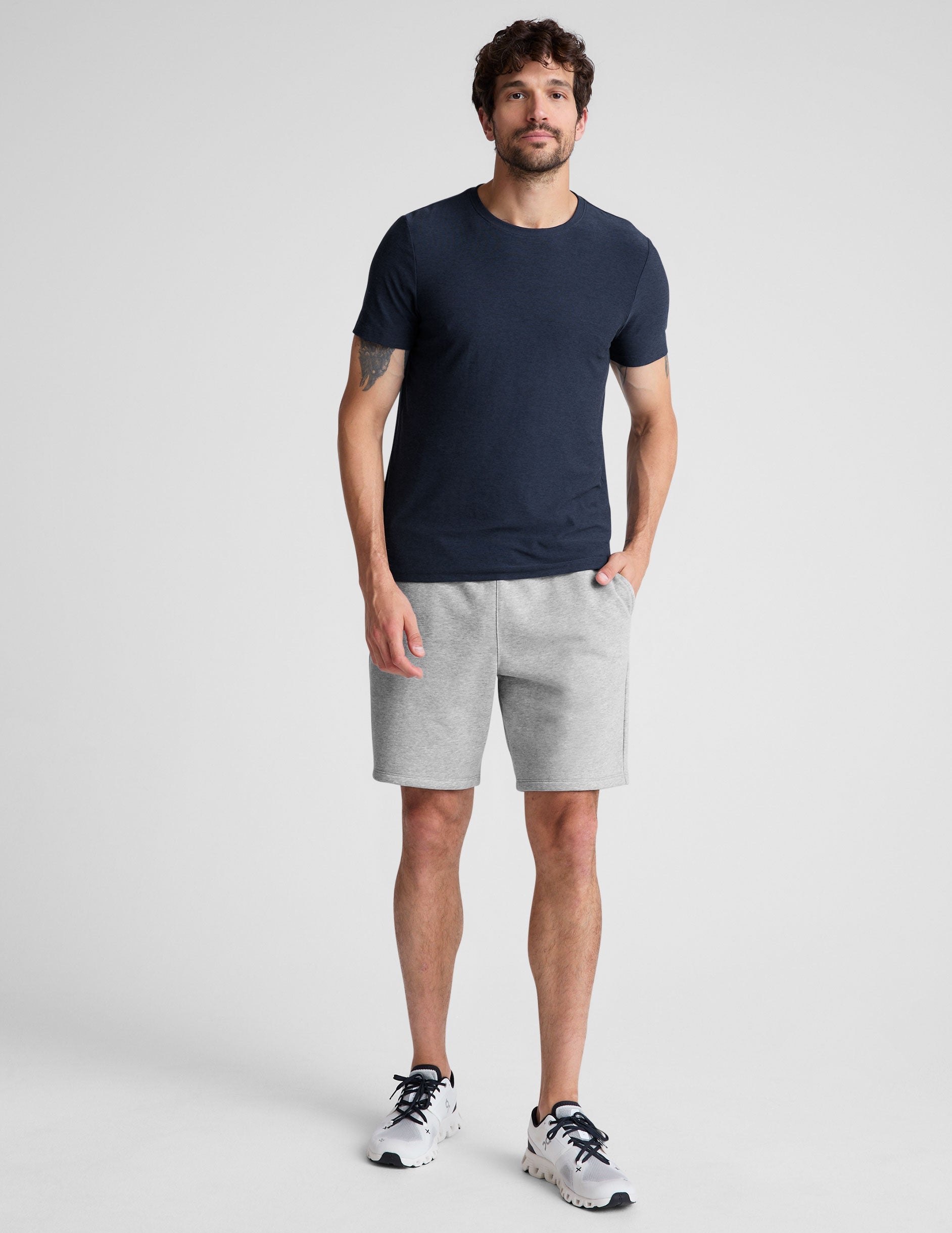 gray men's sweat shorts with pockets.