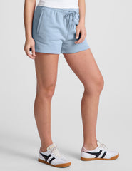 blue mid rise sweat shorts with a 3.5" inseam and pockets. 