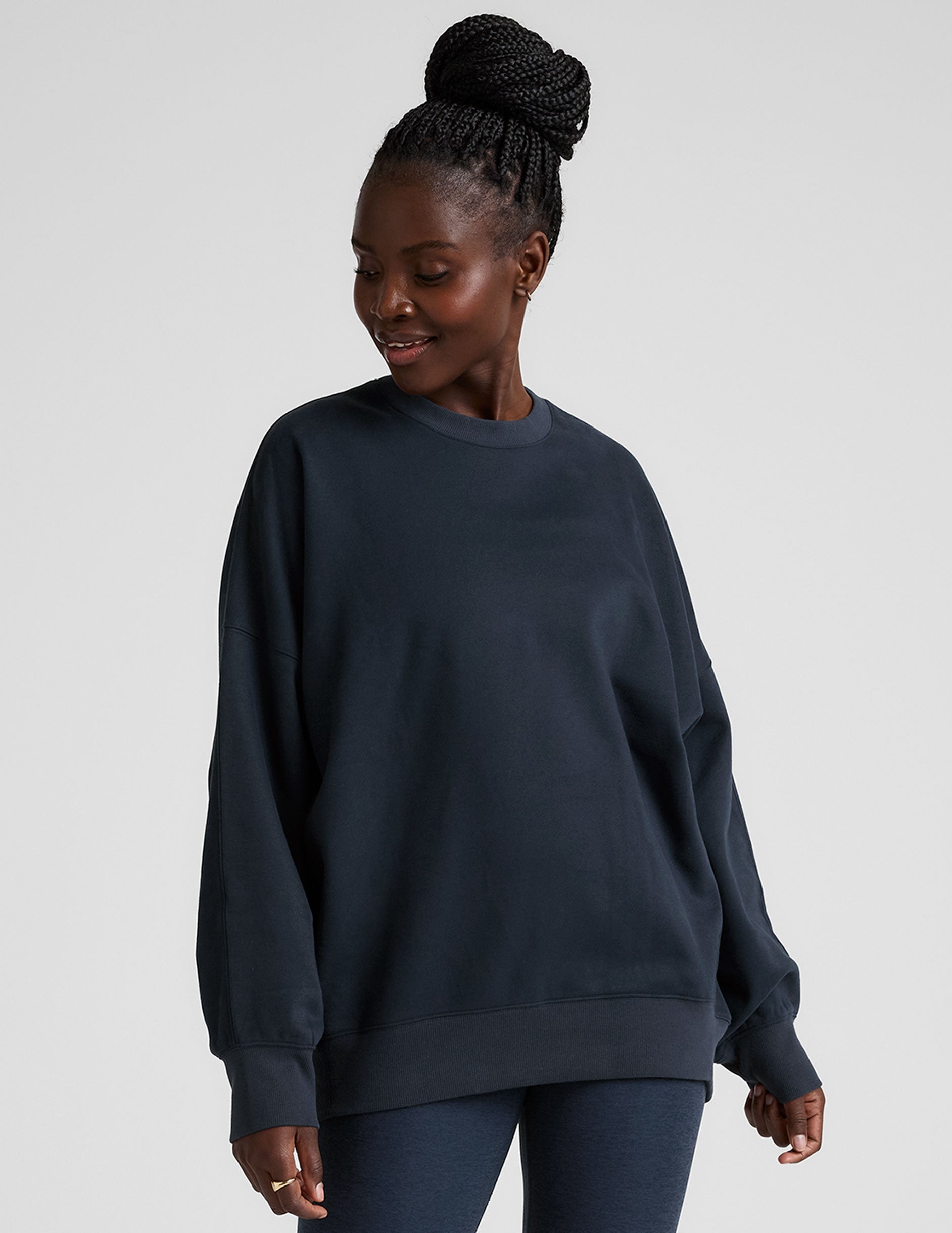 blue crew neck oversized fleece sweatshirt.