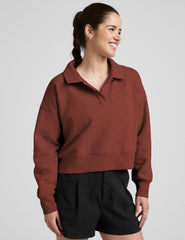 brown v-neck collared sweater.