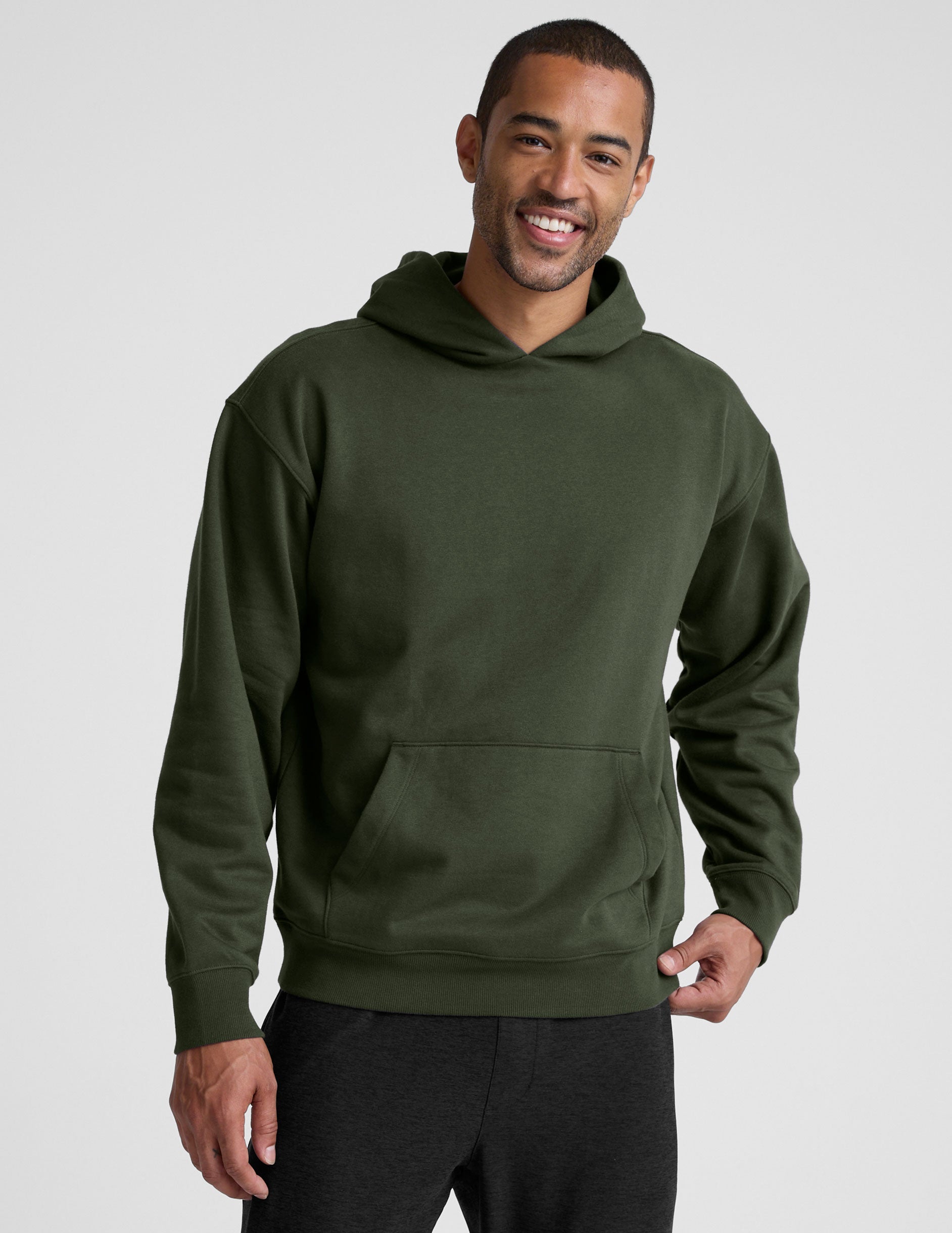 green men's fleece hoodie with a kangaroo pocket.