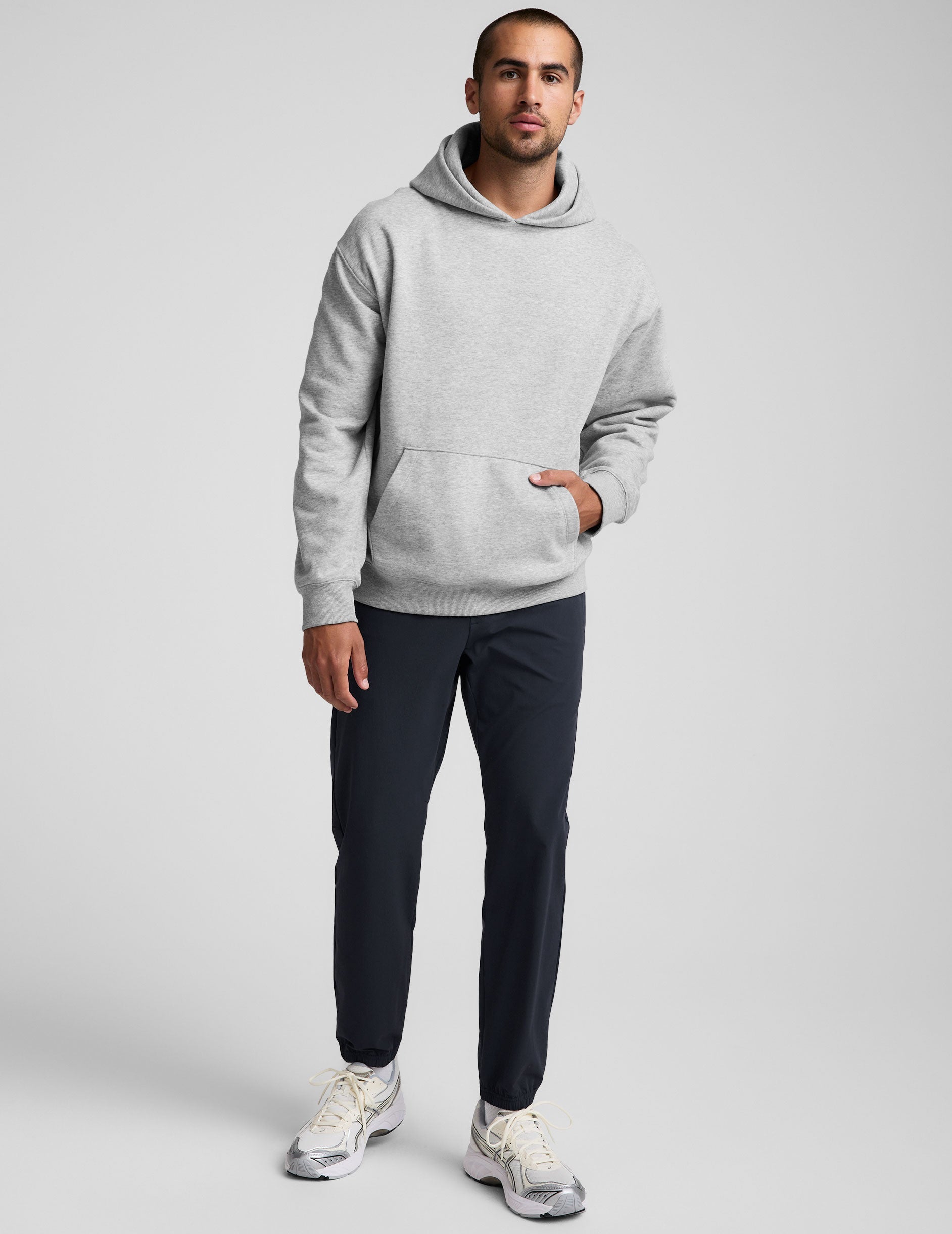 grey men's fleece hoodie with a kangaroo pocket.