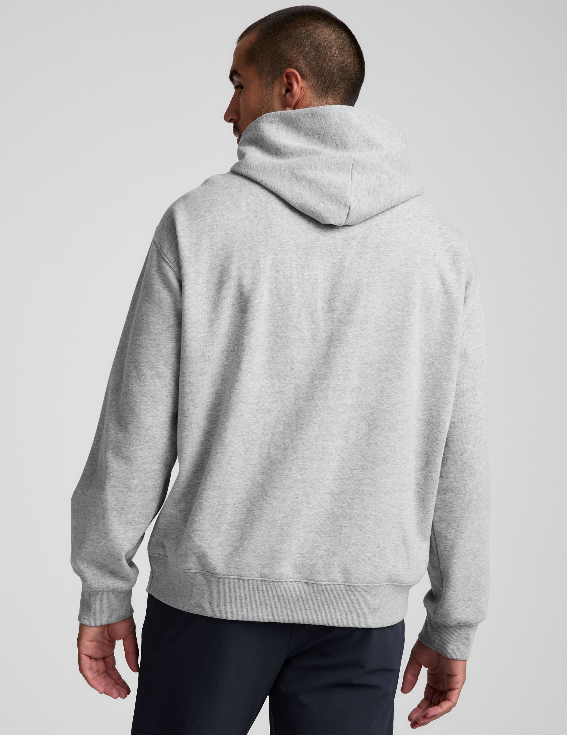 grey men's fleece hoodie with a kangaroo pocket.