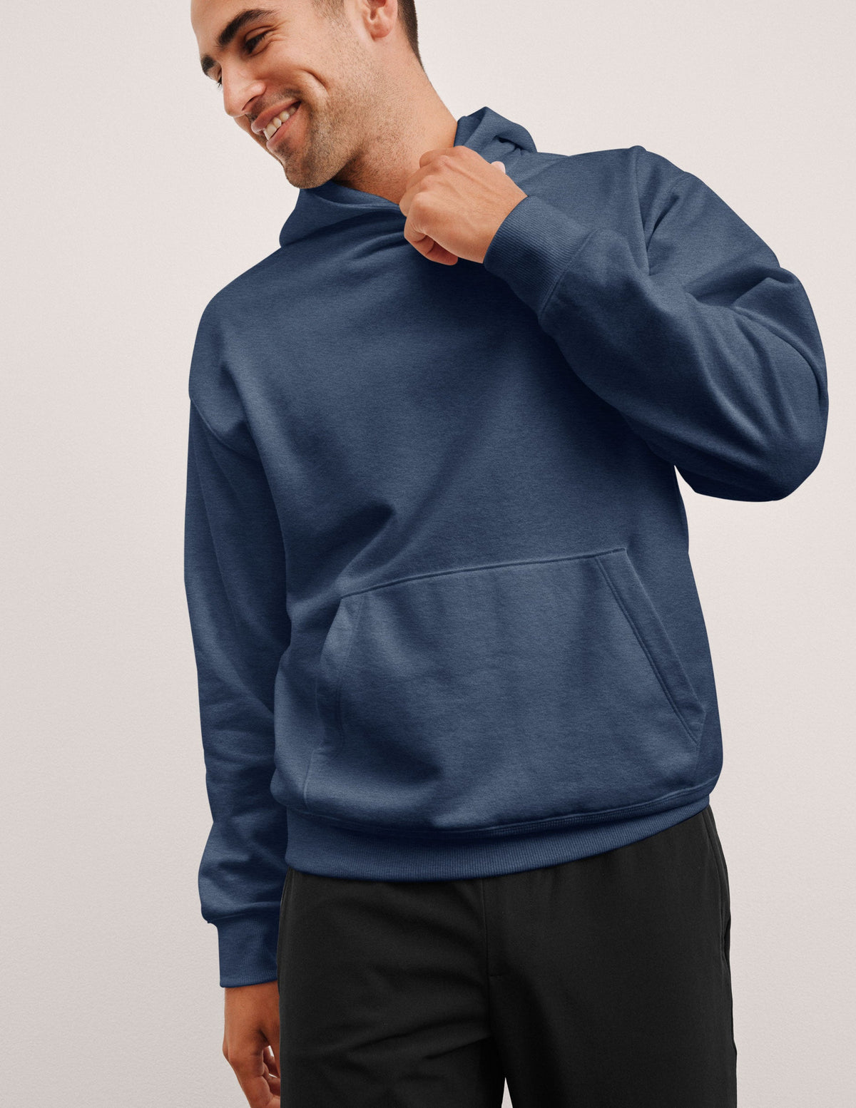 blue men's fleece hoodie with a kangaroo front pocket.