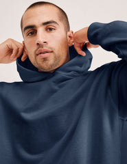 blue men's fleece hoodie with a kangaroo front pocket.