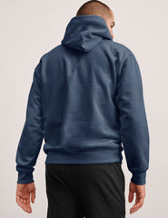 blue men's fleece hoodie with a kangaroo front pocket.