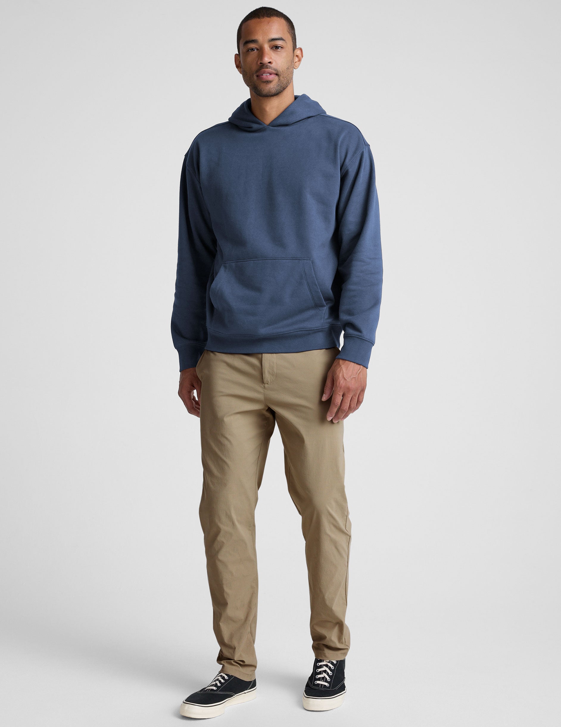 blue men's fleece hoodie with a kangaroo front pocket.
