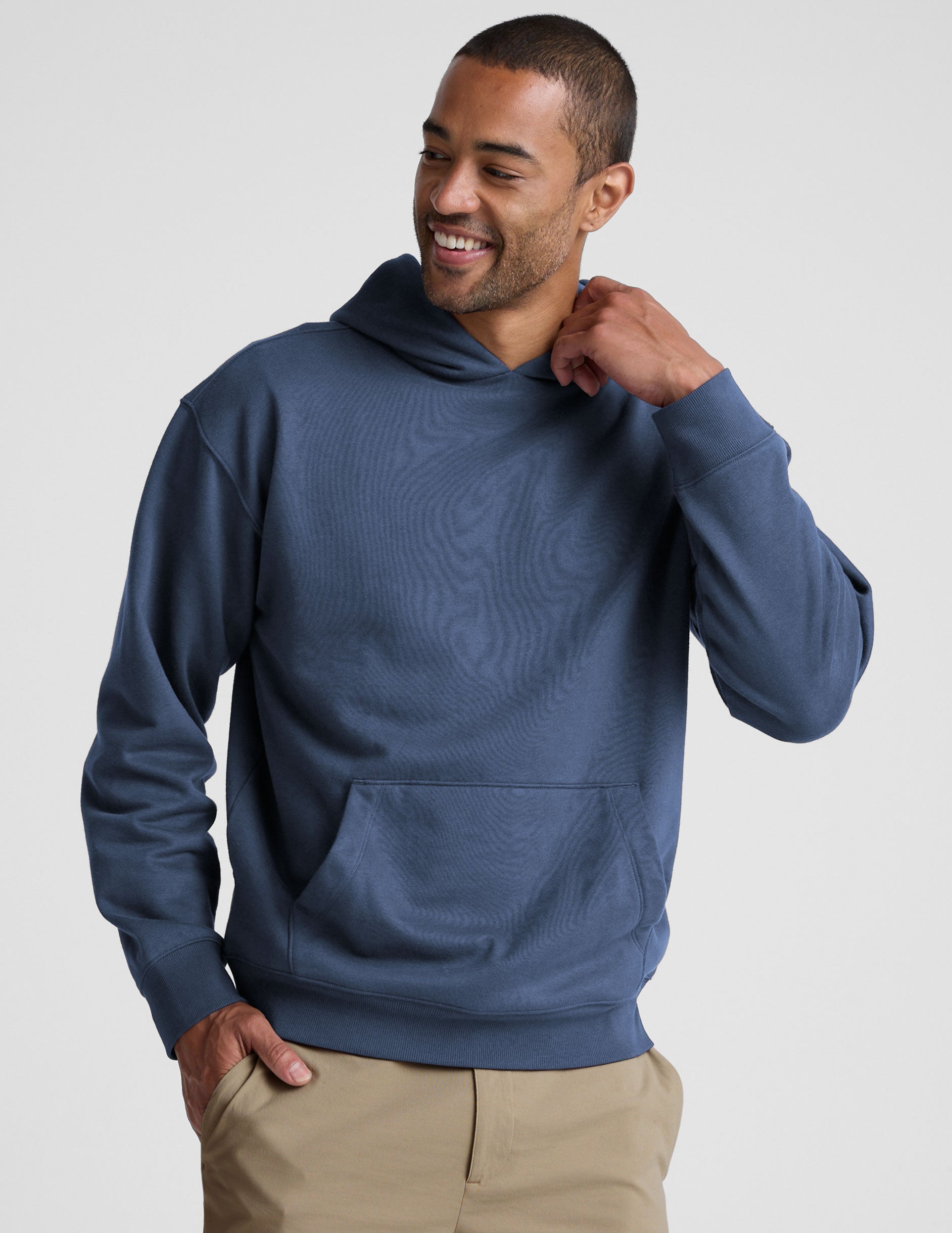 blue men's fleece hoodie with a kangaroo front pocket.