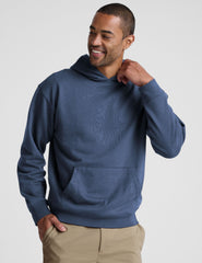 blue men's fleece hoodie with a kangaroo front pocket.