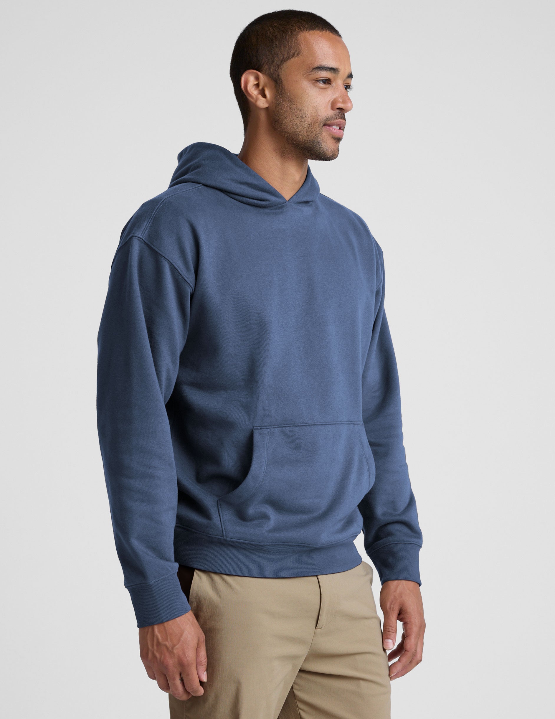 blue men's fleece hoodie with a kangaroo front pocket.