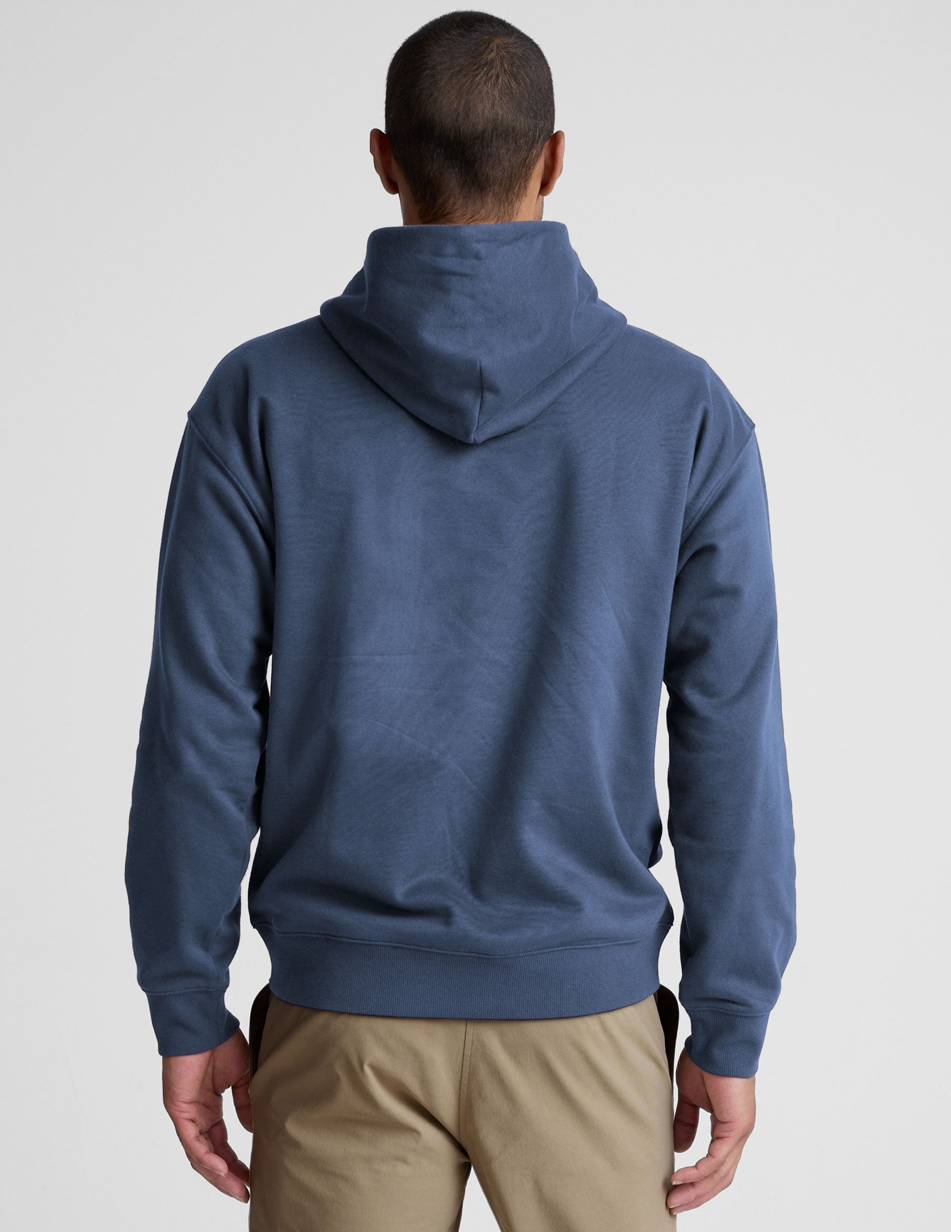 blue men's fleece hoodie with a kangaroo front pocket.