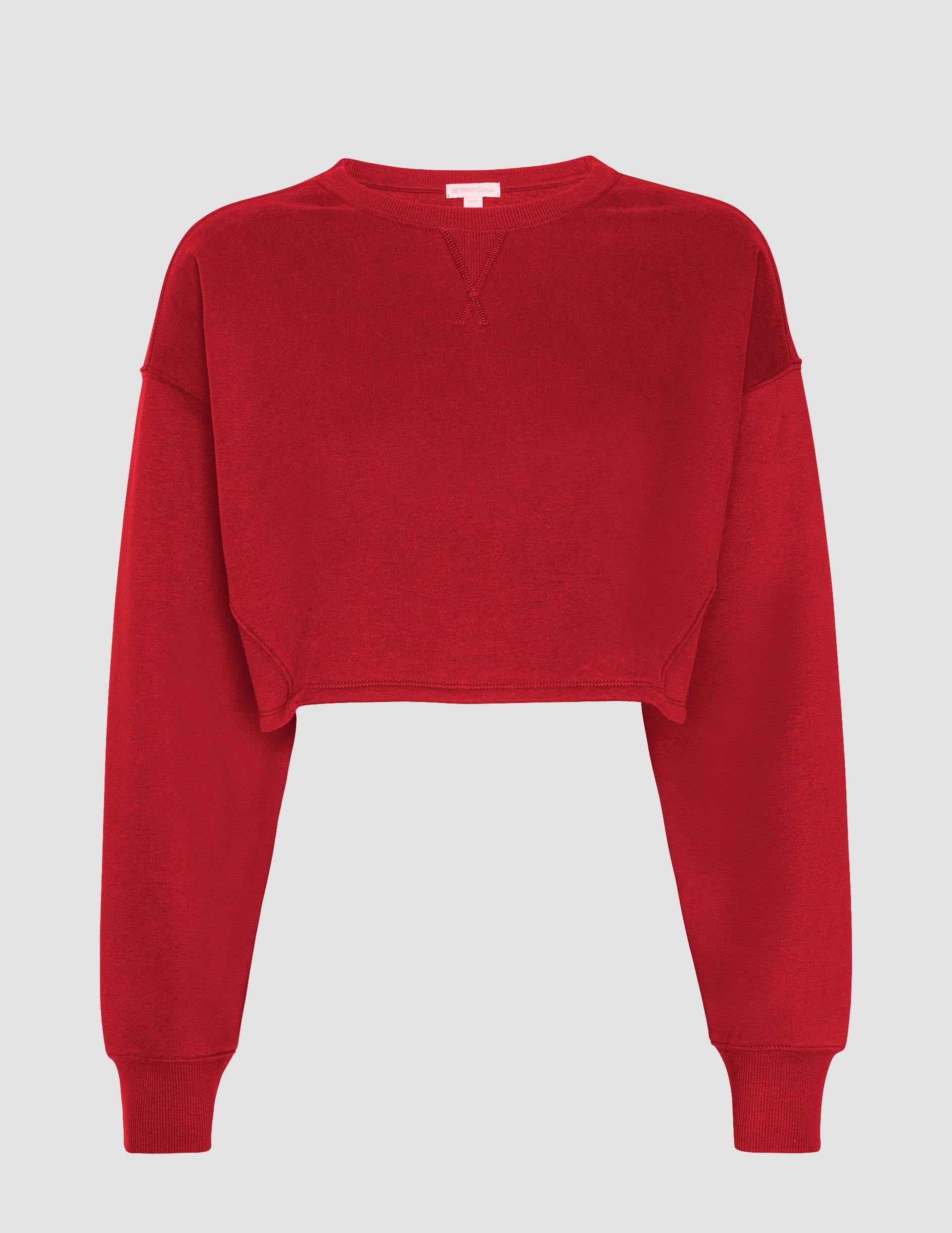 red cropped crew neck loose fitting sweatshirt.