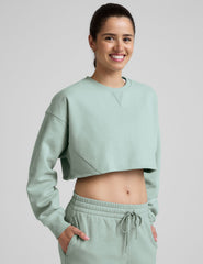 model wearing a light blue boxy fit cropped sweatshirt and fleece pants on a plain background.