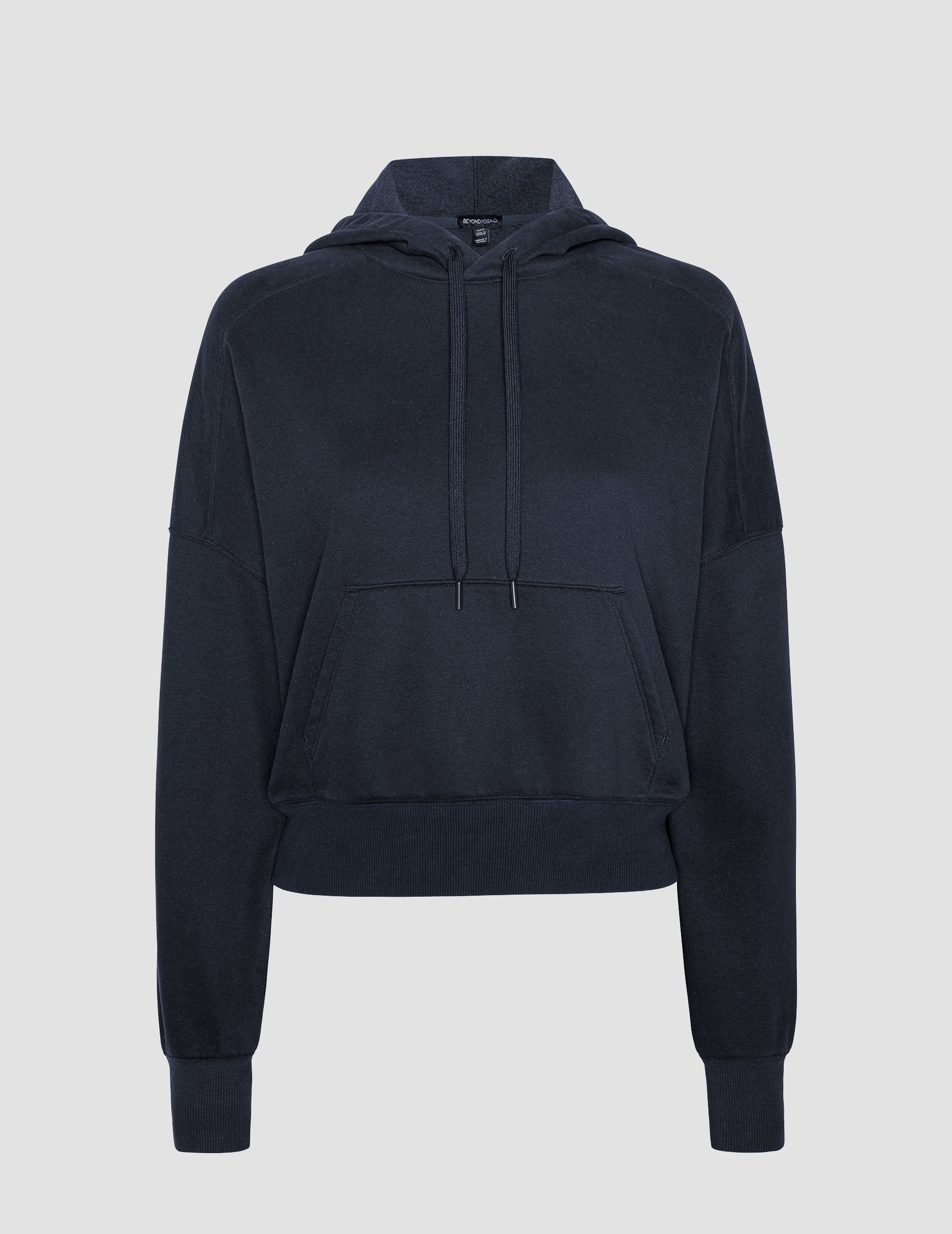 blue cropped pullover with a hood with drawcord and a kangaroo pocket.