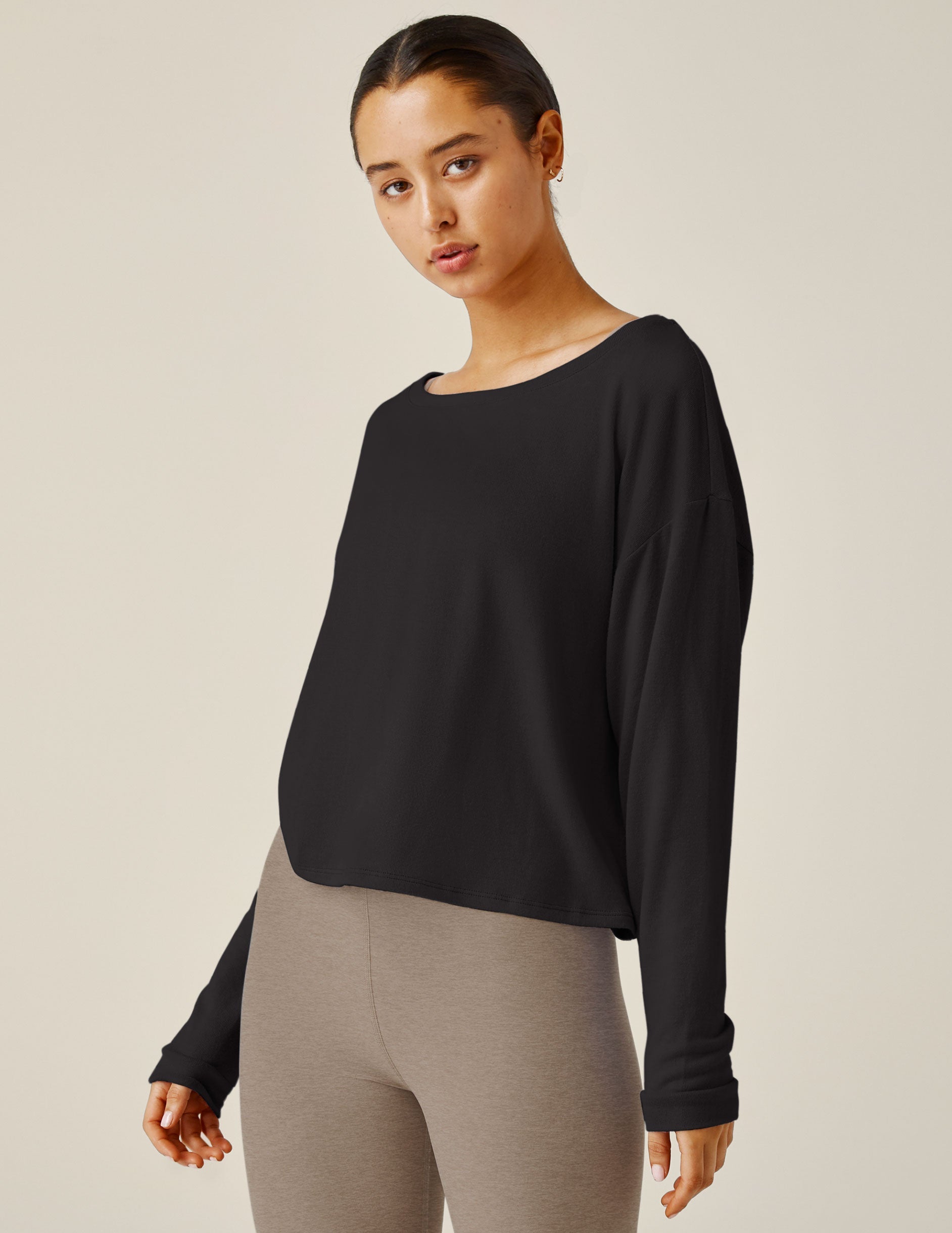 black wide scoop neck long sleeve sweater.