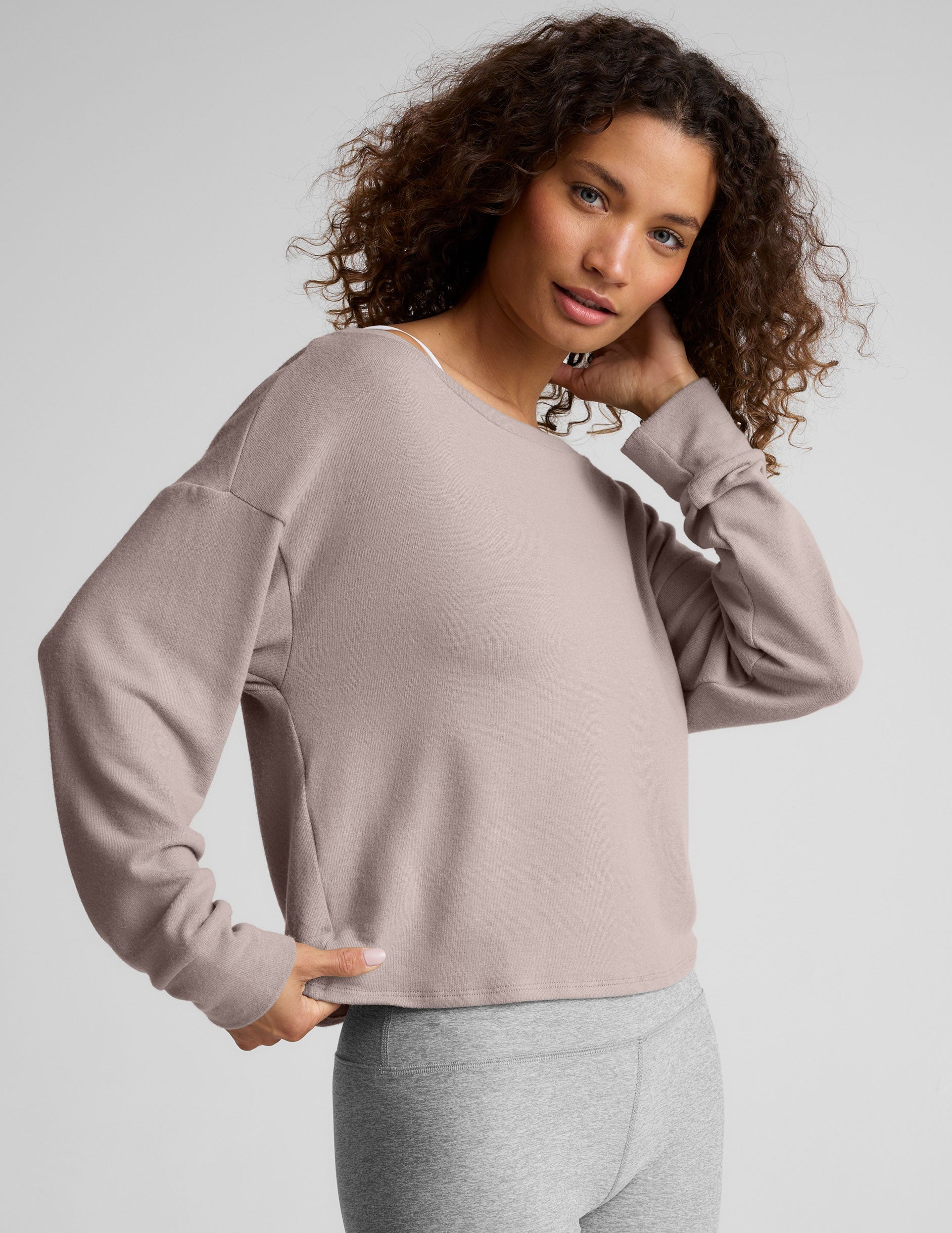 brown off the shoulder lightweight sweater.