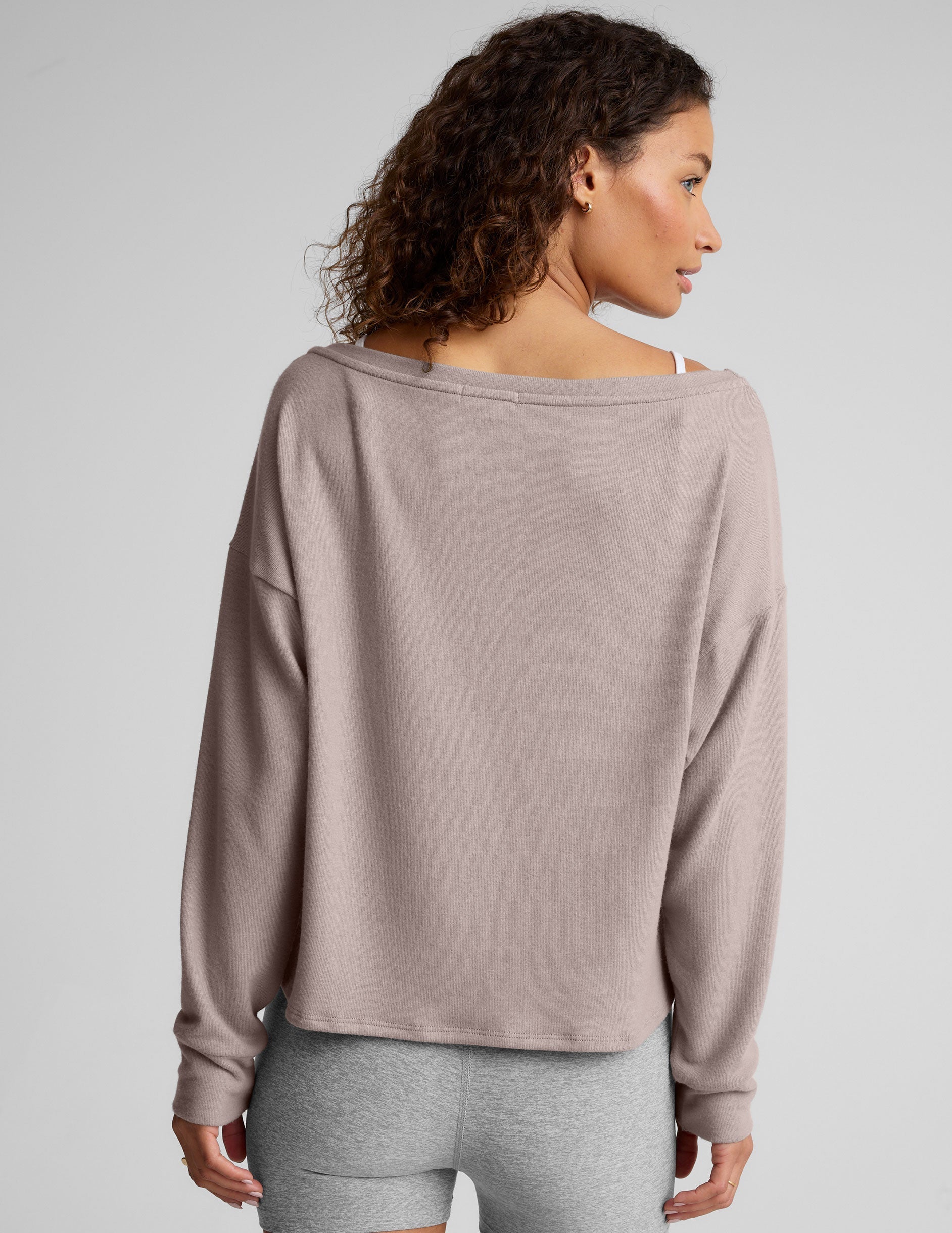brown off the shoulder lightweight sweater.
