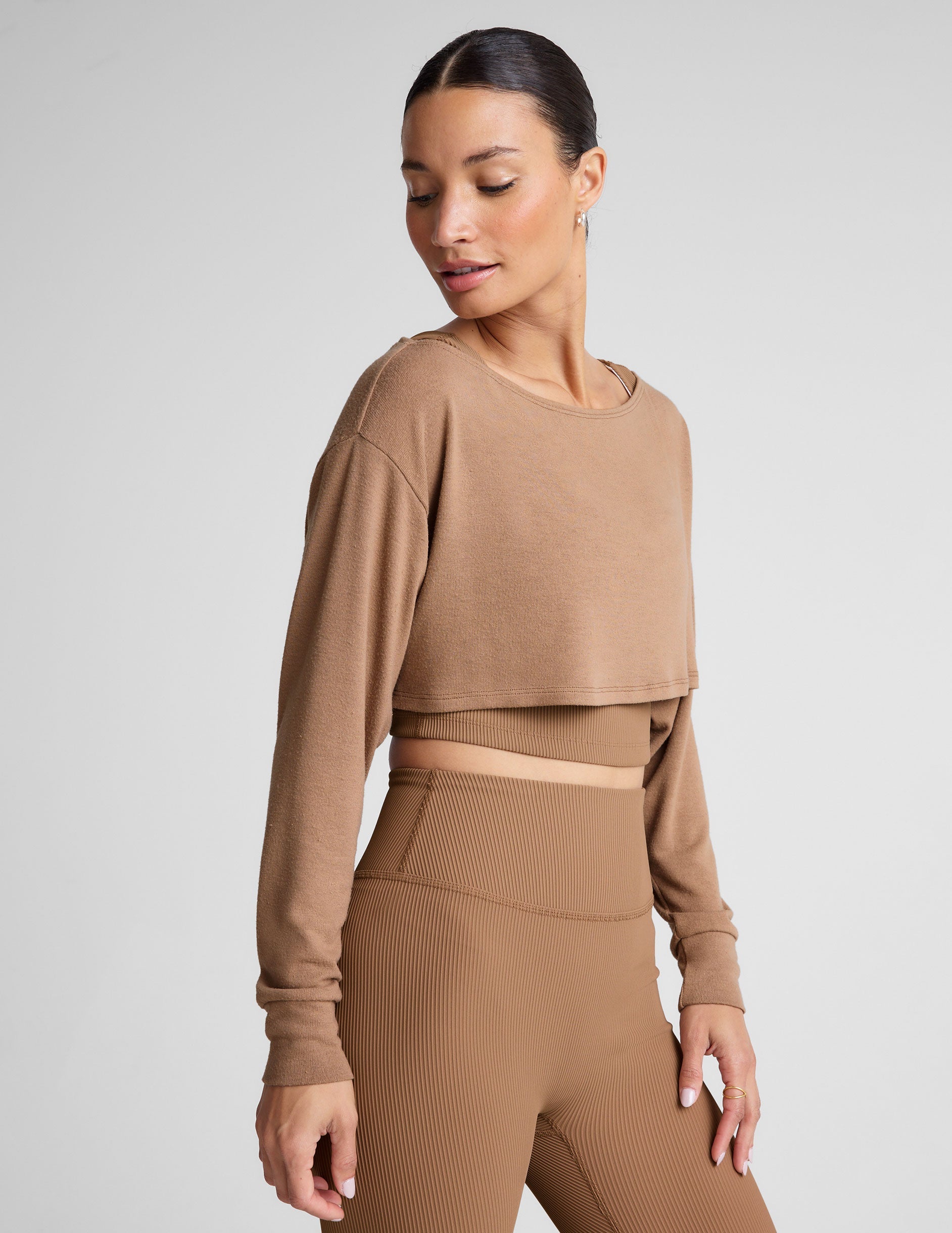 brown 2-way long sleeve cropped shrug.