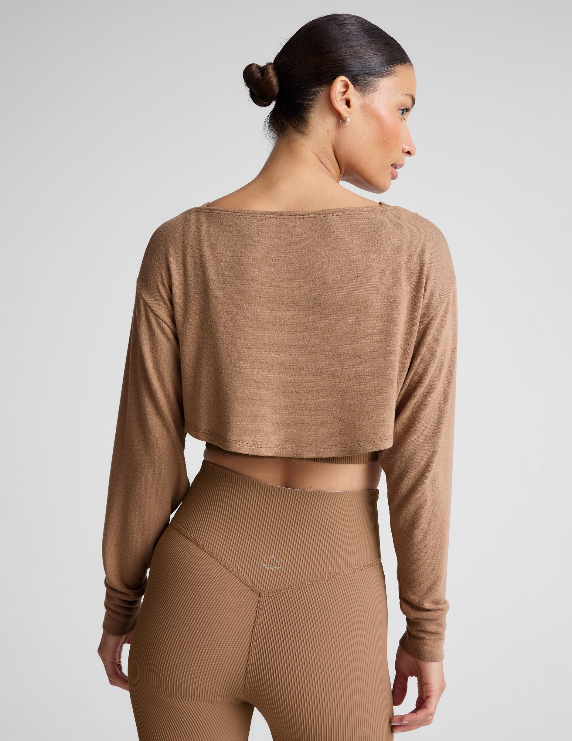 brown 2-way long sleeve cropped shrug.