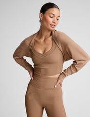 brown 2-way long sleeve cropped shrug.