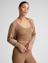 brown 2-way long sleeve cropped shrug.