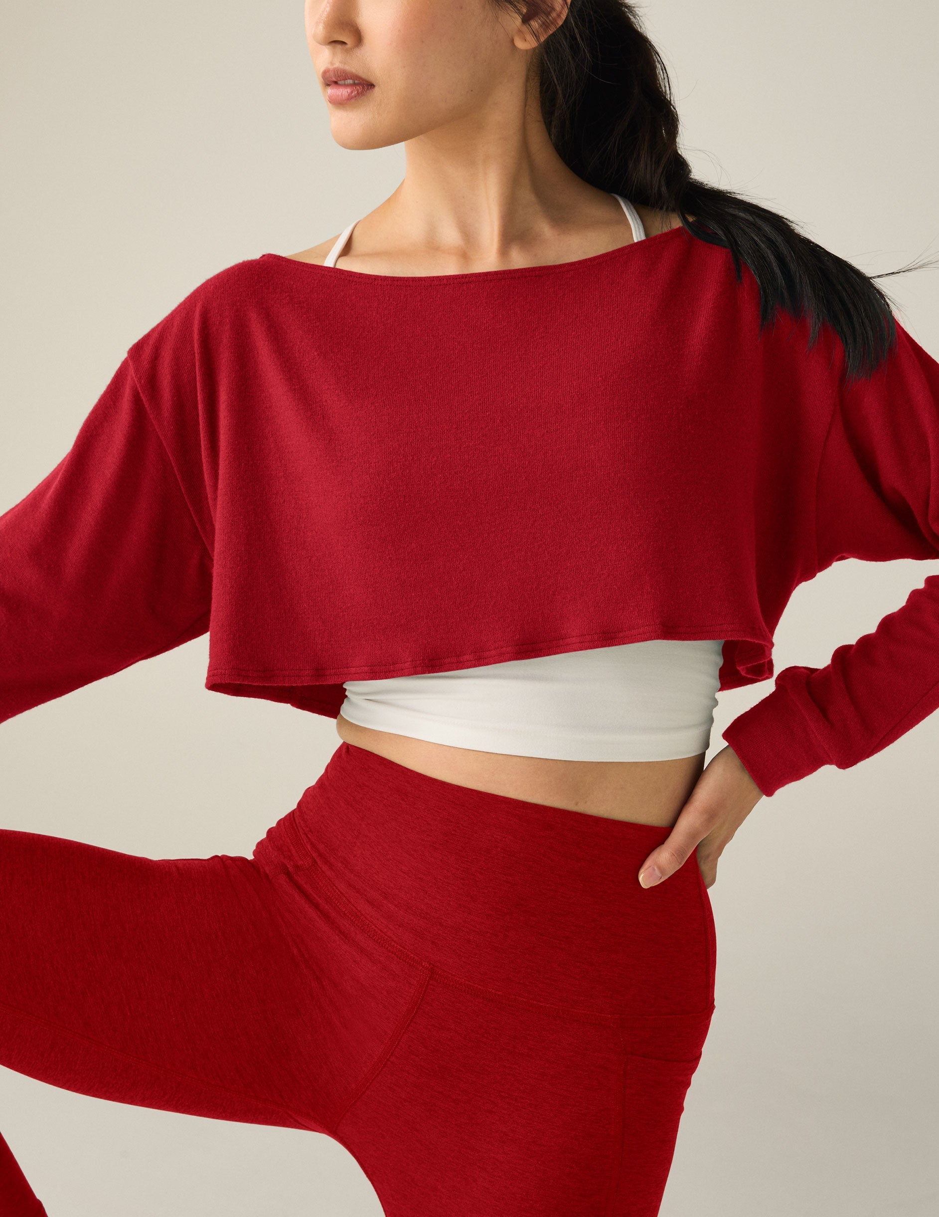 red 2-way convertible shrug top.