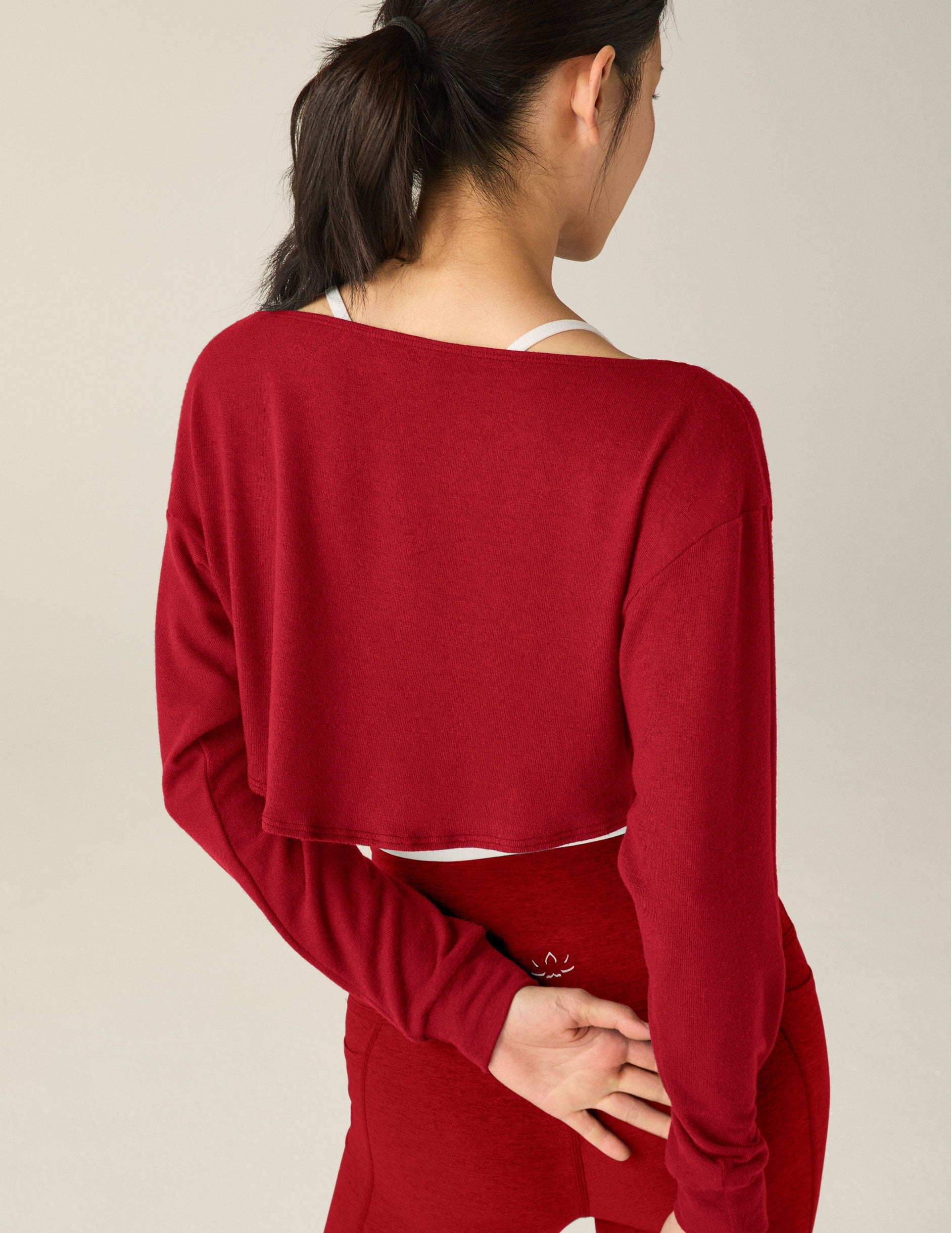 red 2-way convertible shrug top.