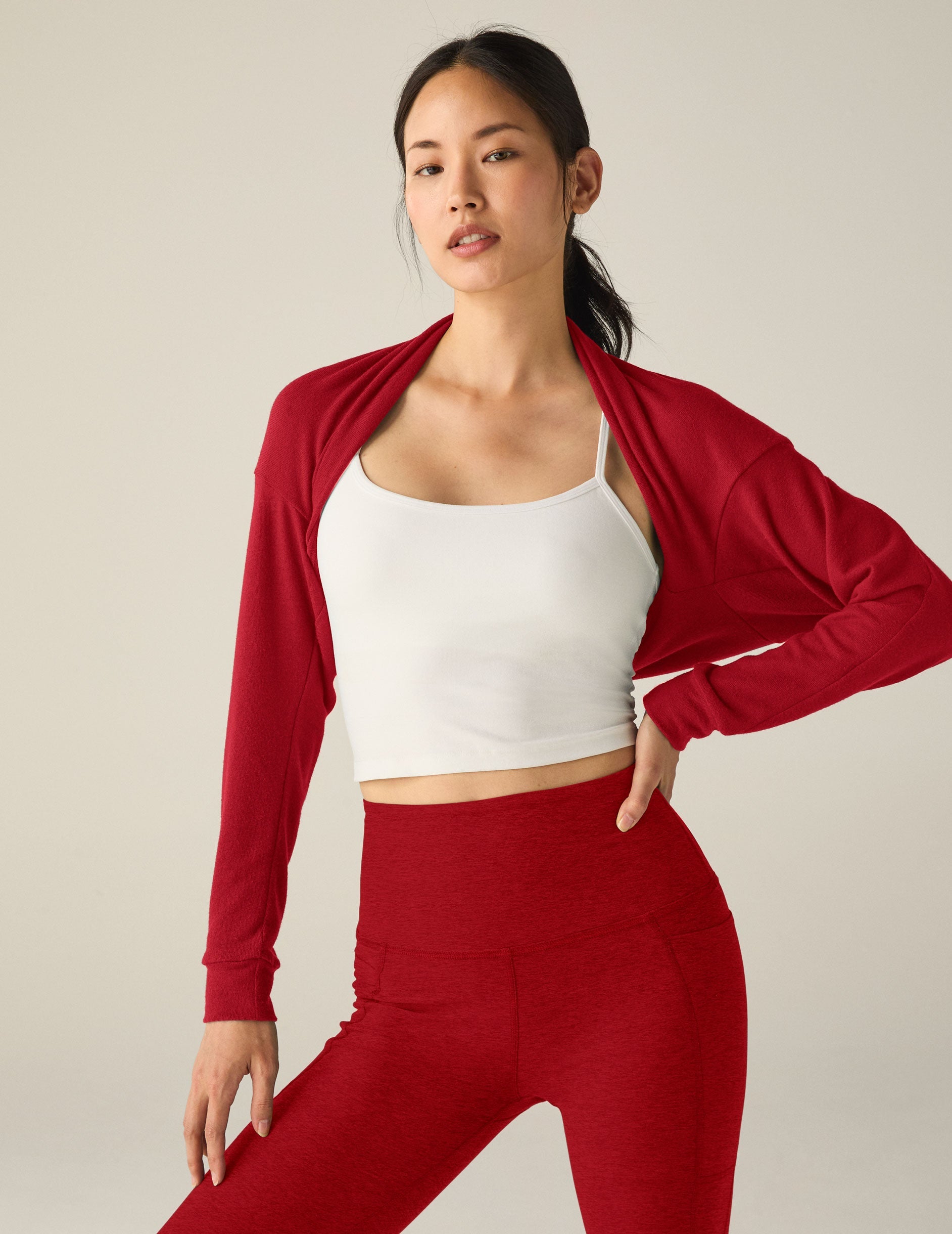 red 2-way convertible shrug top.