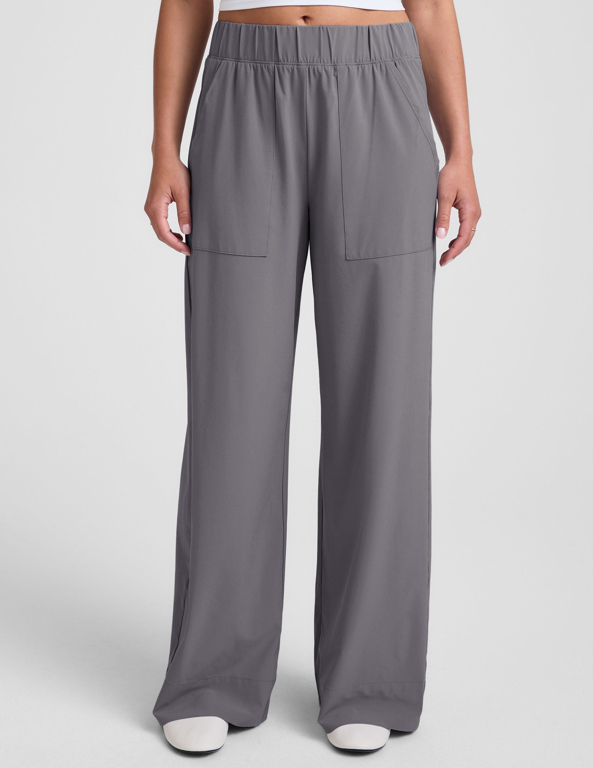 grey wide leg pants with pockets.