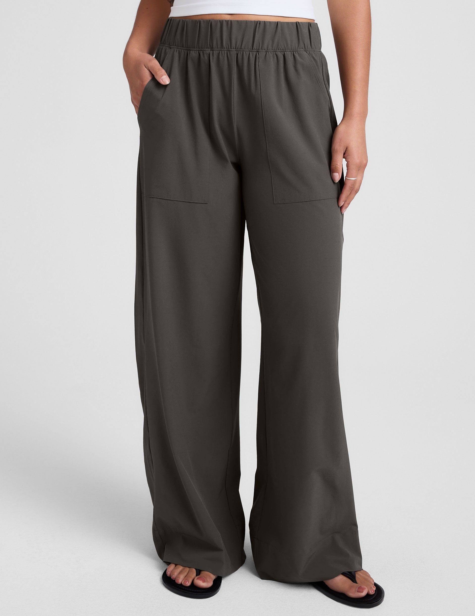 dark gray wide leg pants with pockets.