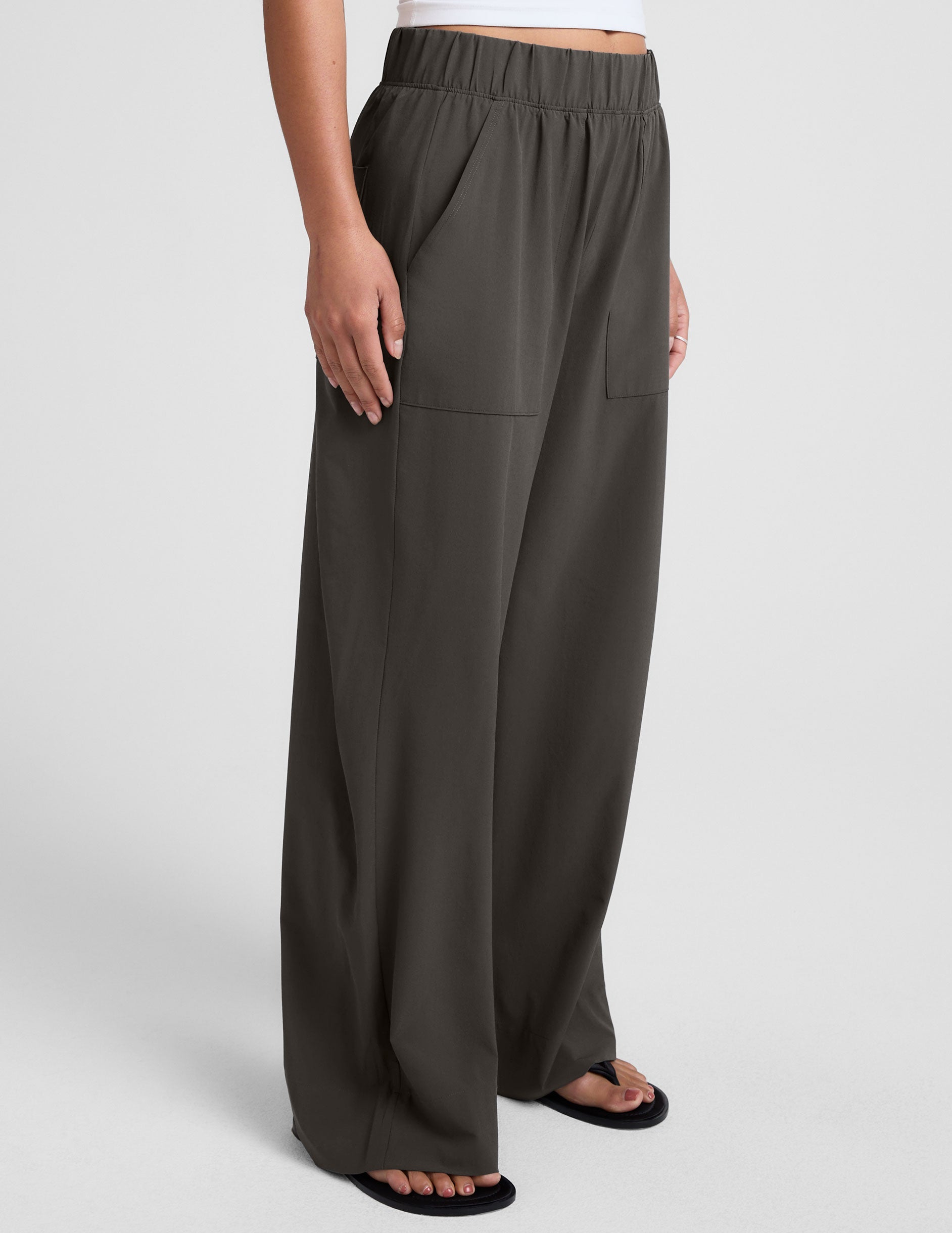 dark gray wide leg pants with pockets.