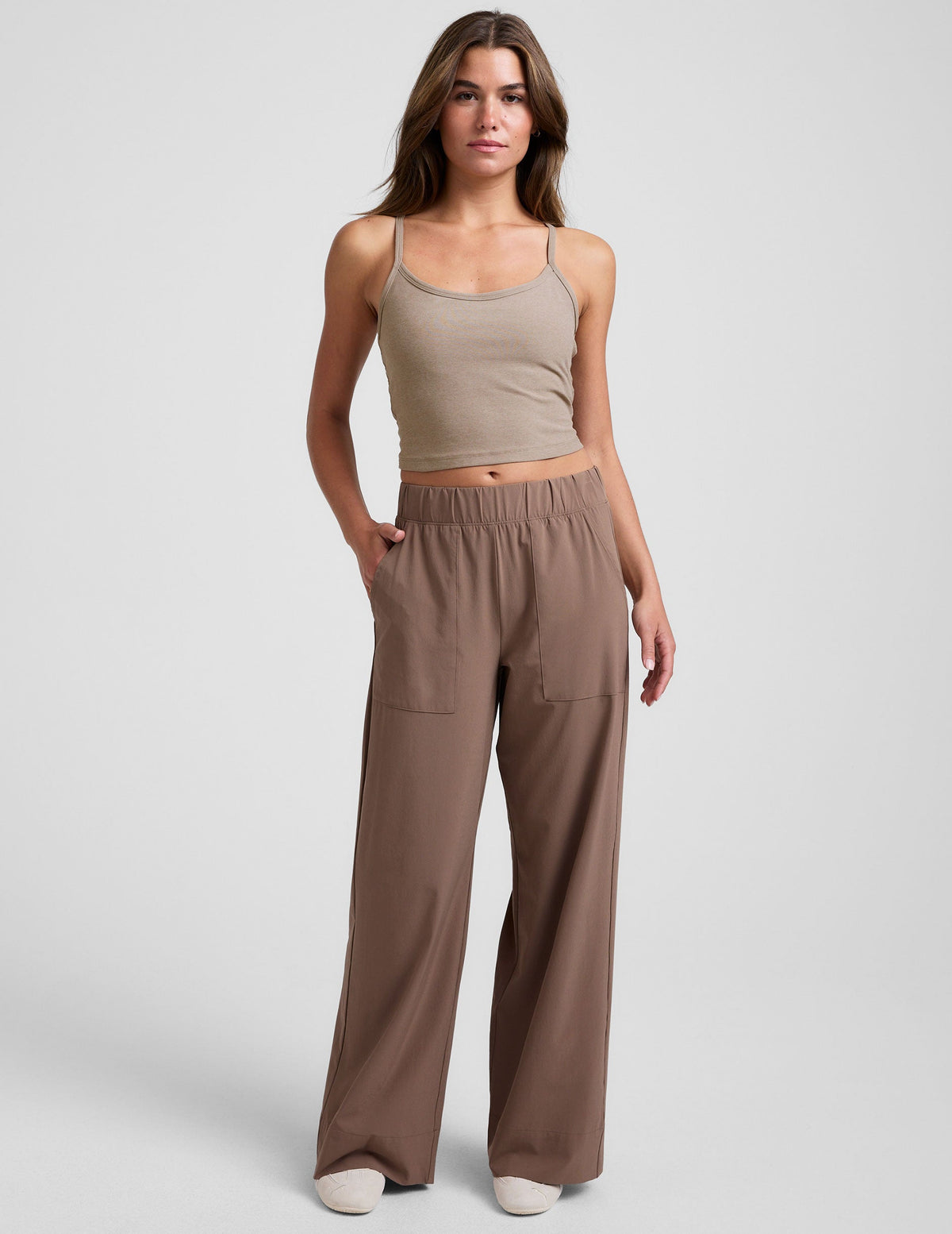 brown wide leg pants with pockets.