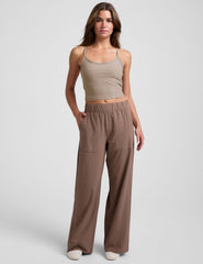 brown wide leg pants with pockets.