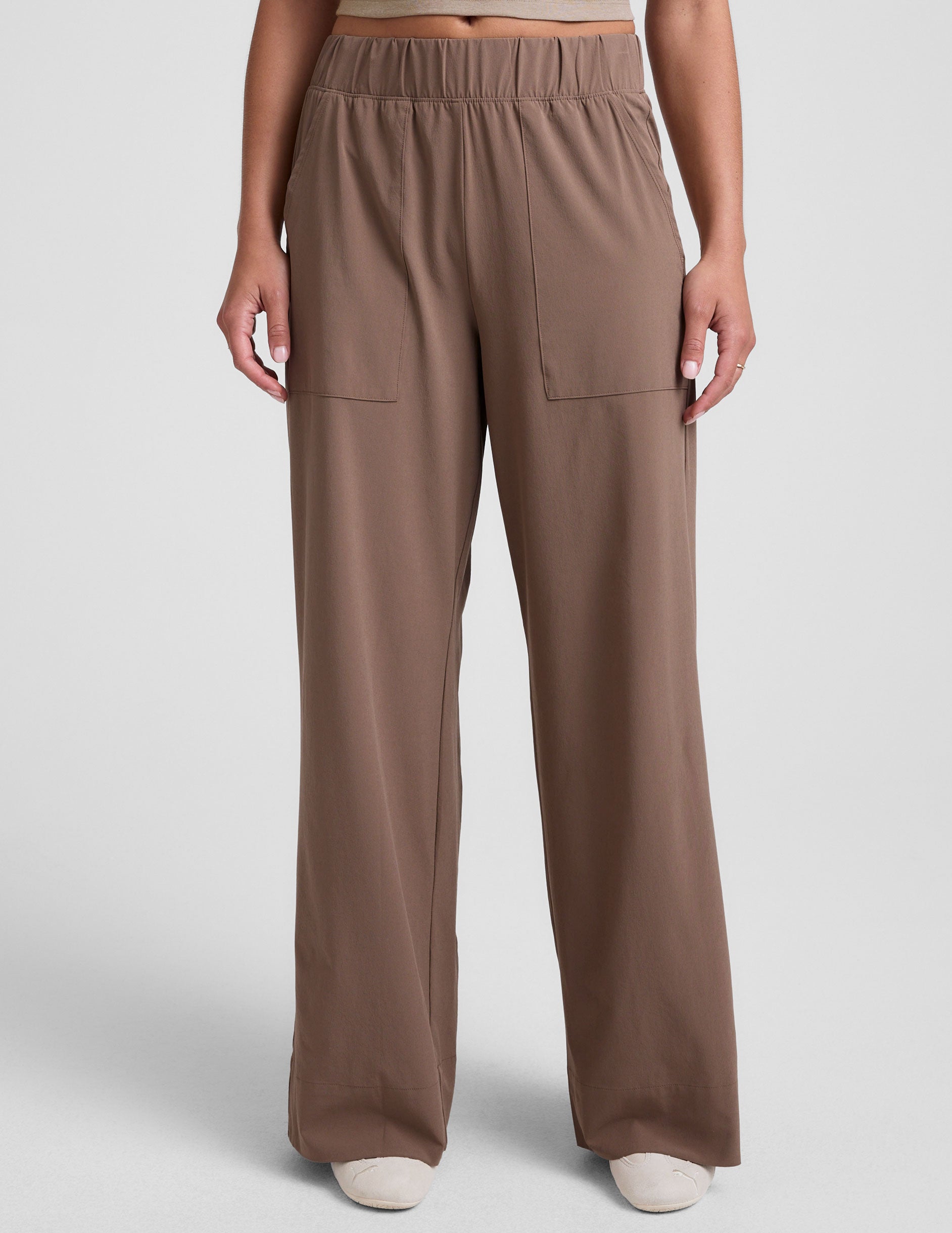 brown wide leg pants with pockets.
