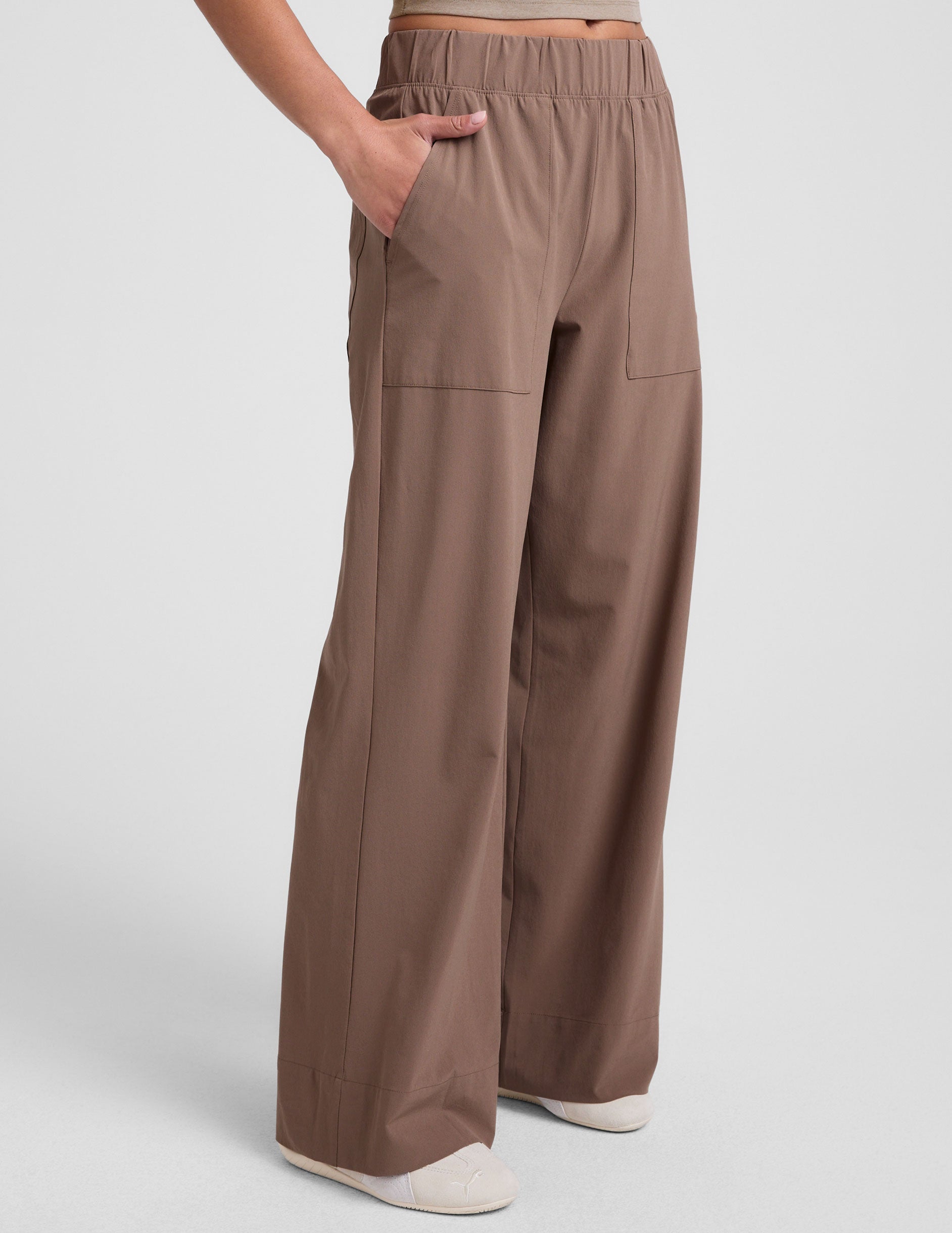 brown wide leg pants with pockets.