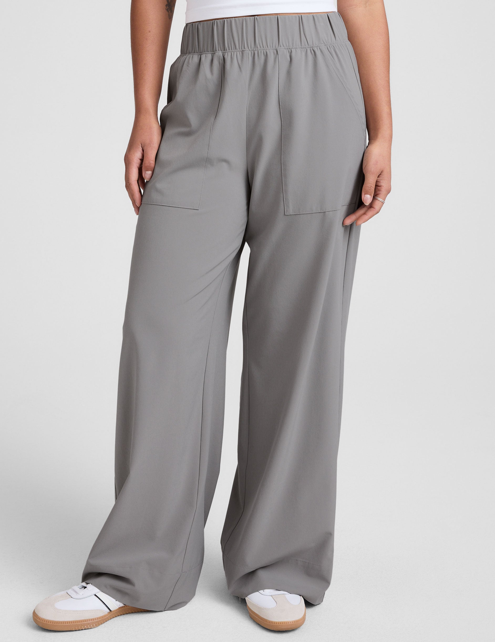 gray wide leg pants with pockets.