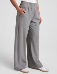 gray wide leg pants with pockets.