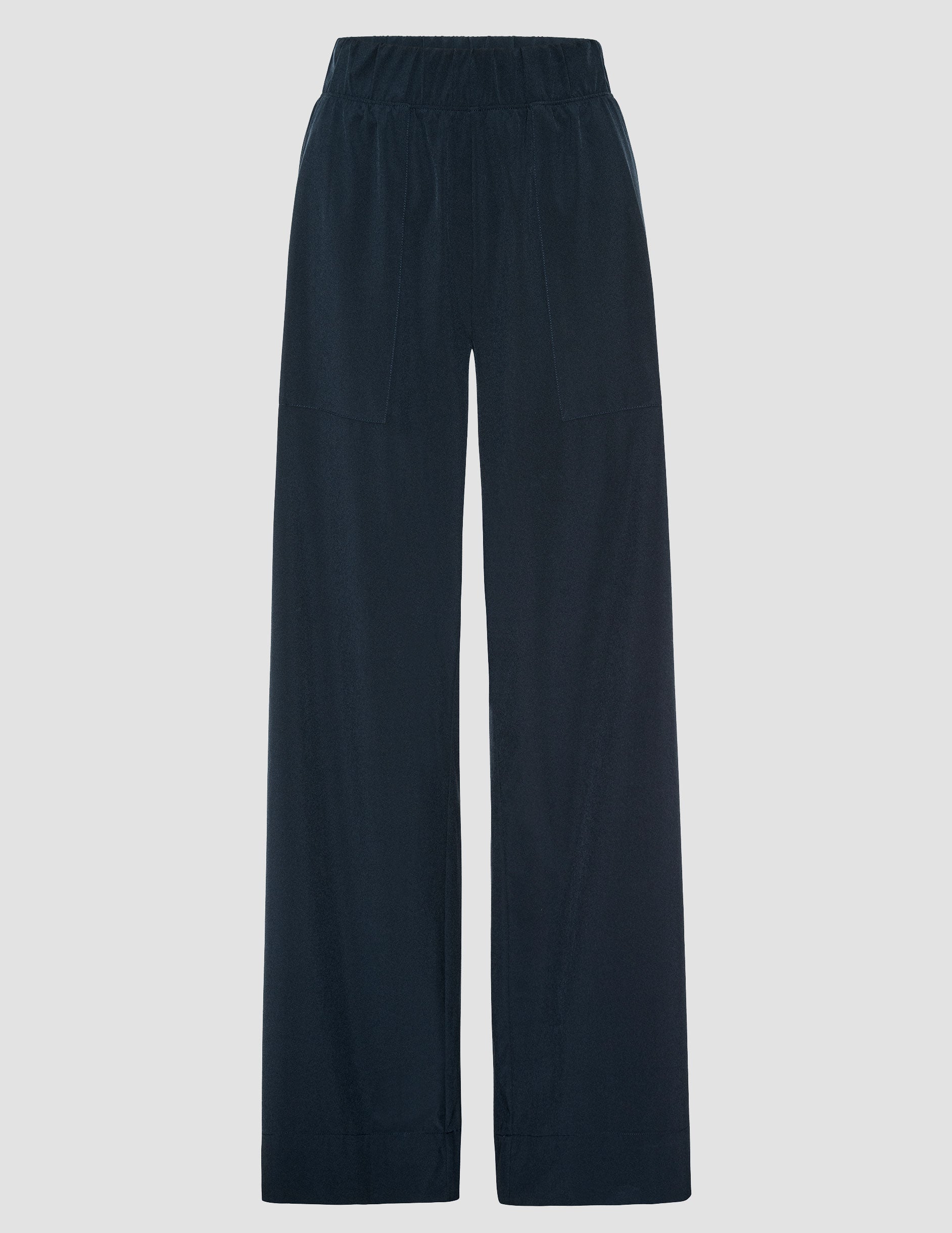 blue mid-rise wide leg pant with pockets.