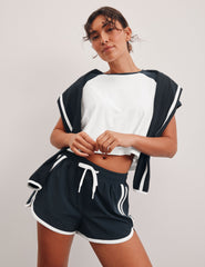 blue 2.5" inseam shorts with a drawcord at waistband and an interior lining. 