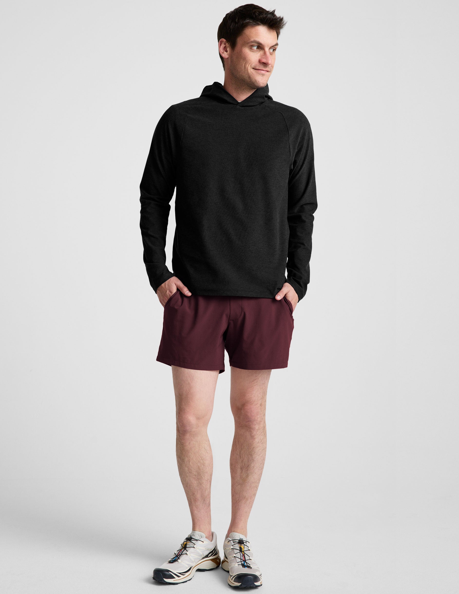 maroon men's 5" shorts on a plain background. 