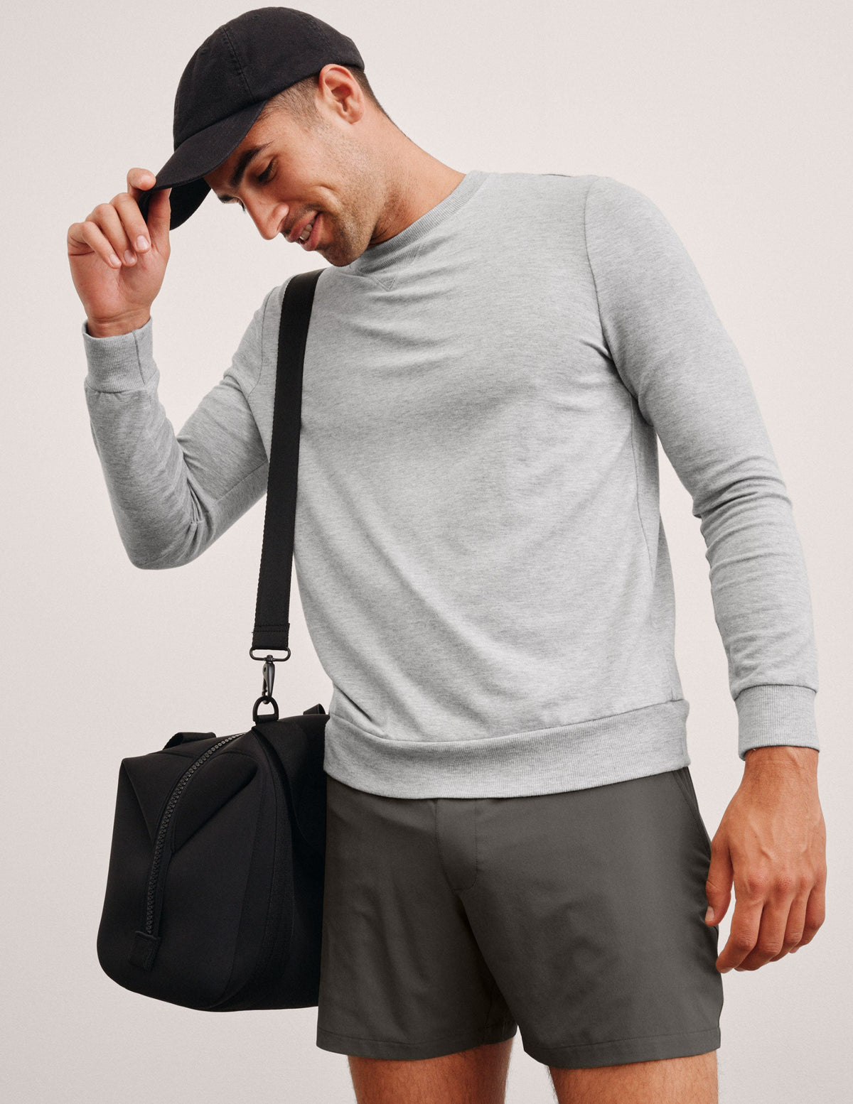 grey men's 5" shorts on a plain background. 