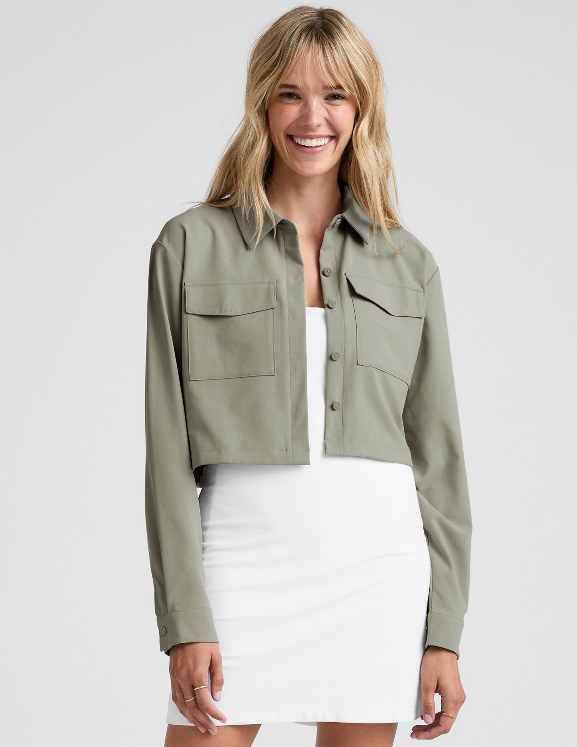 green button down cropped jacket.