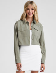 green button down cropped jacket.