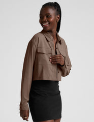 brown button down cropped jacket.